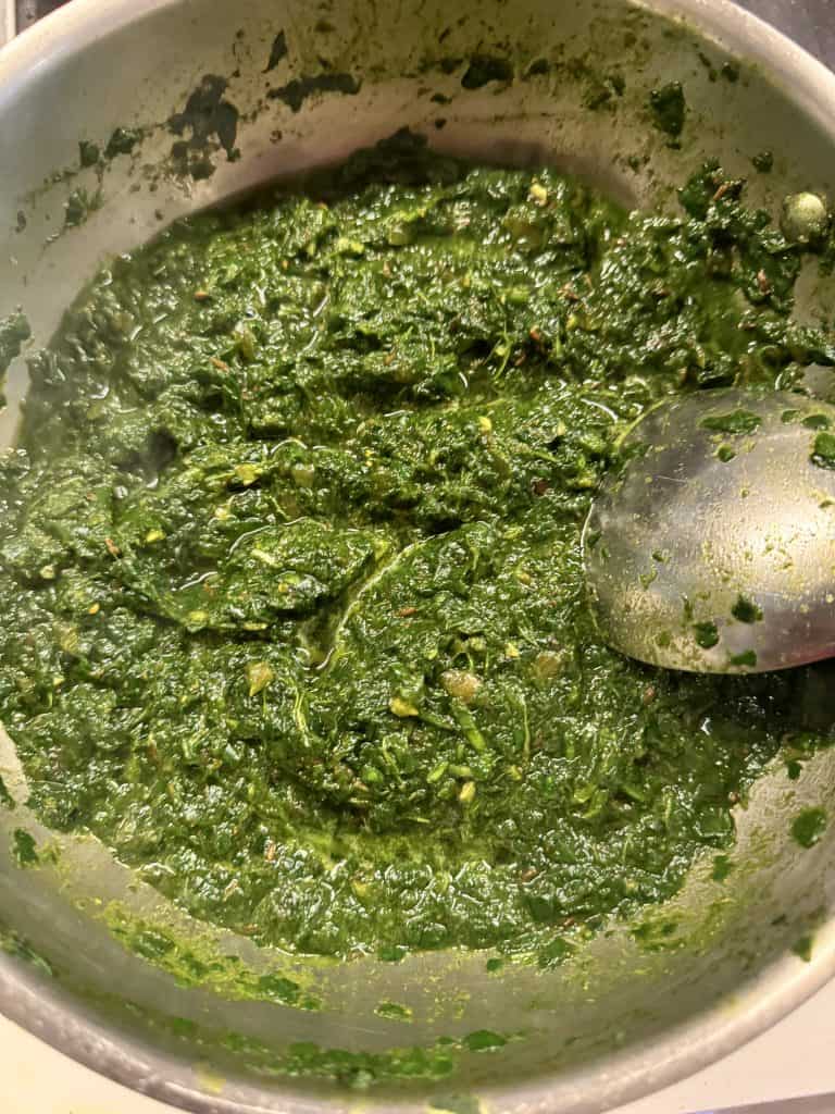 Image: Fully cooked Saag Bhaji, thick and rich green