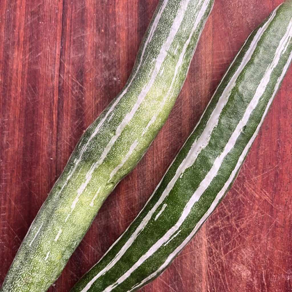 Fresh snake gourd on wooden board.