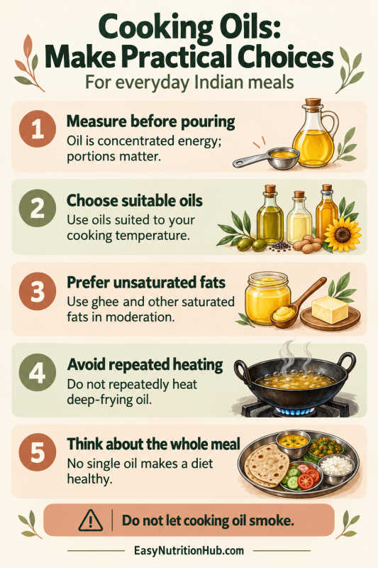 Five practical cooking oil habits: measure portions, choose suitable oils, prefer unsaturated fats and avoid repeated heating.