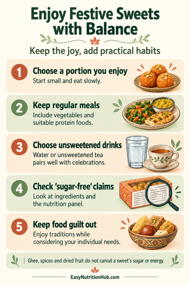 Five practical habits for balanced festive eating, including portions, regular meals and checking sugar-free claims.