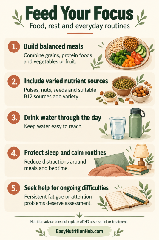 Five everyday habits supporting focus: balanced meals, varied nutrient sources, water, sleep and assessment for ongoing difficulties.