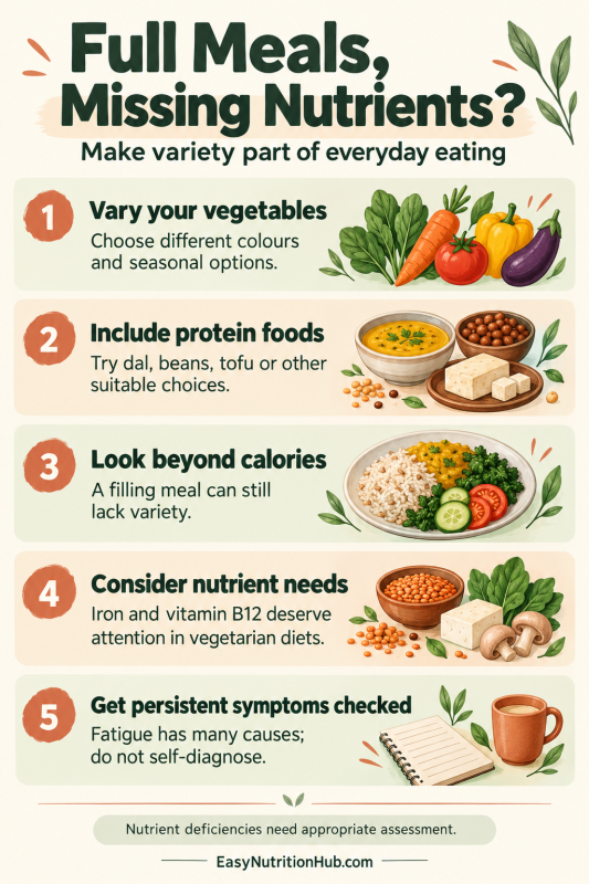 Five ways to improve meal variety and consider nutrient needs, with advice to have persistent symptoms assessed.