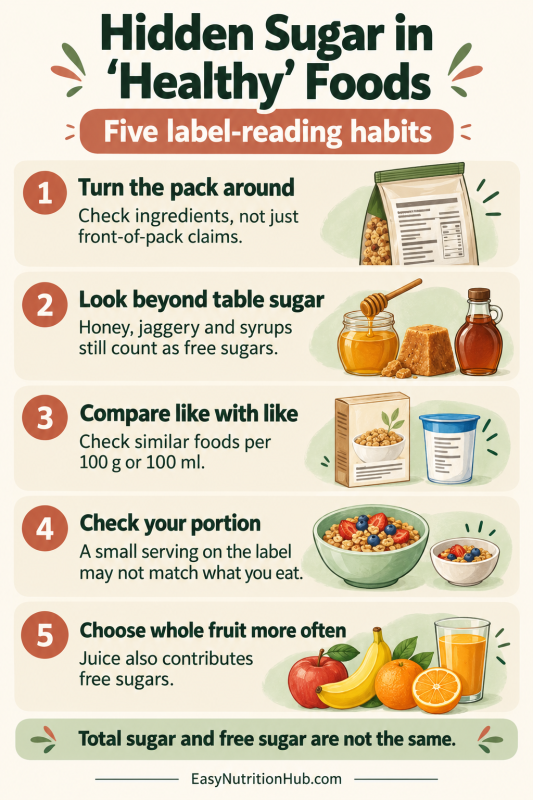 Five label-reading habits for spotting hidden sugar: check ingredients, recognise free sugars, compare products, check portions and choose whole fruit more often.