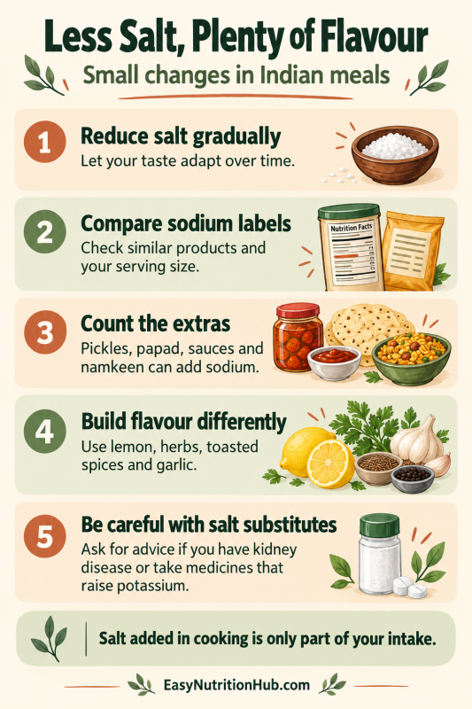 Five ways to reduce salt in Indian meals, compare sodium labels and build flavour with herbs and spices.