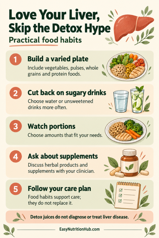 Practical liver-friendly food habits, including varied meals, fewer sugary drinks and following a clinician's care plan.